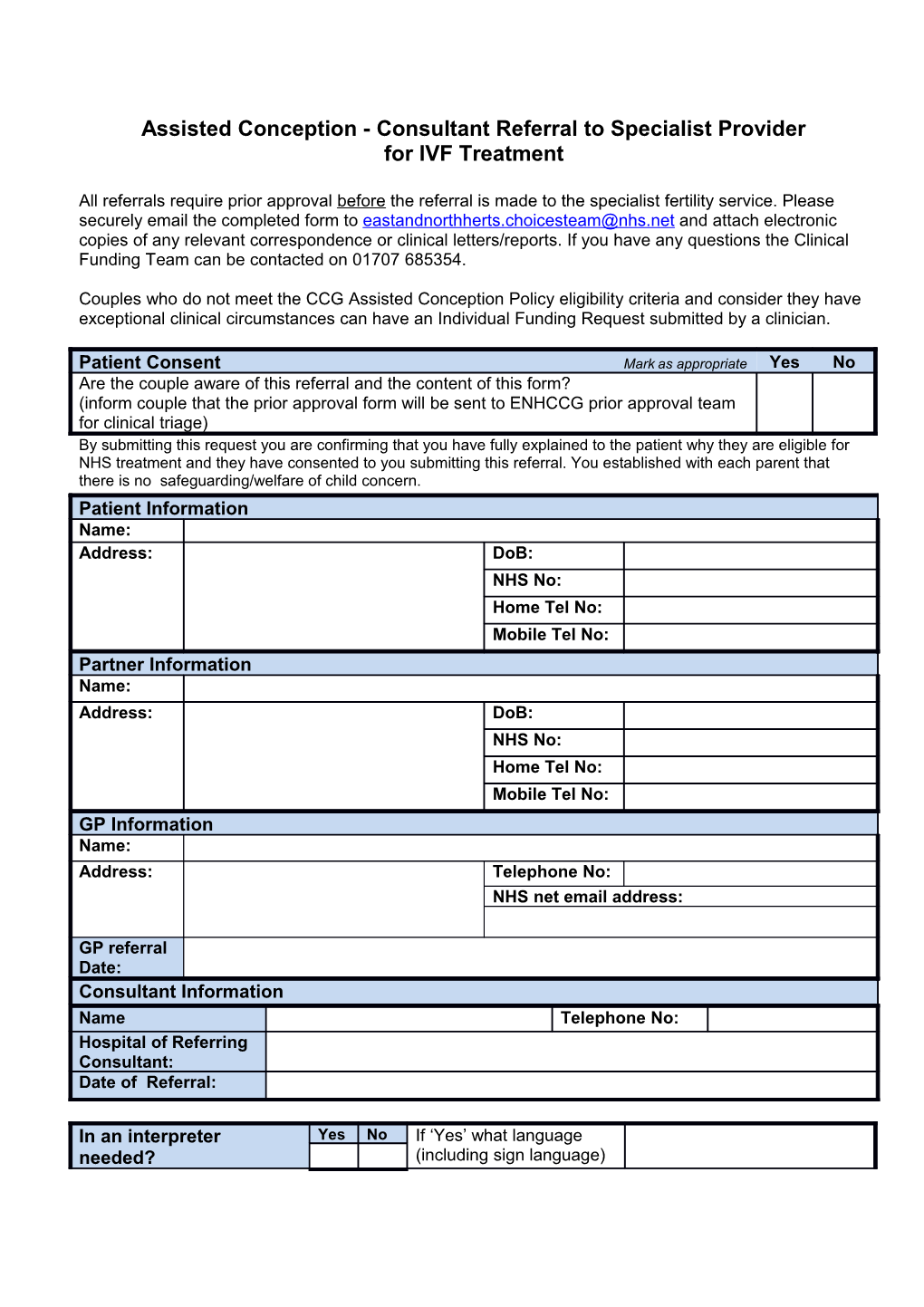 Assisted Conception - Consultant Referral to Specialist Provider