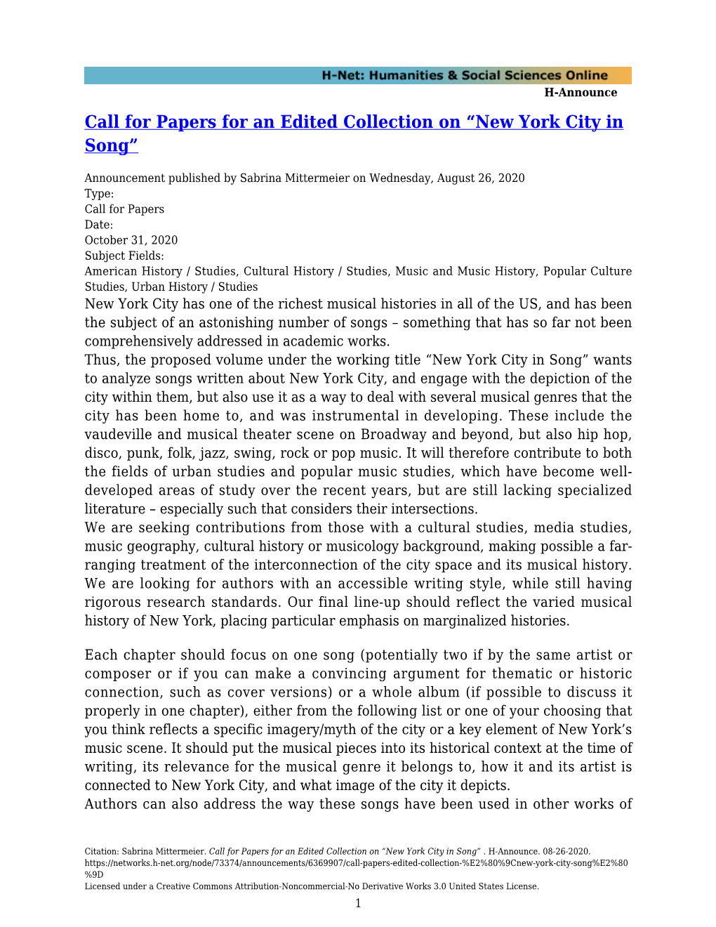 Call for Papers for an Edited Collection on “New York City in Song”