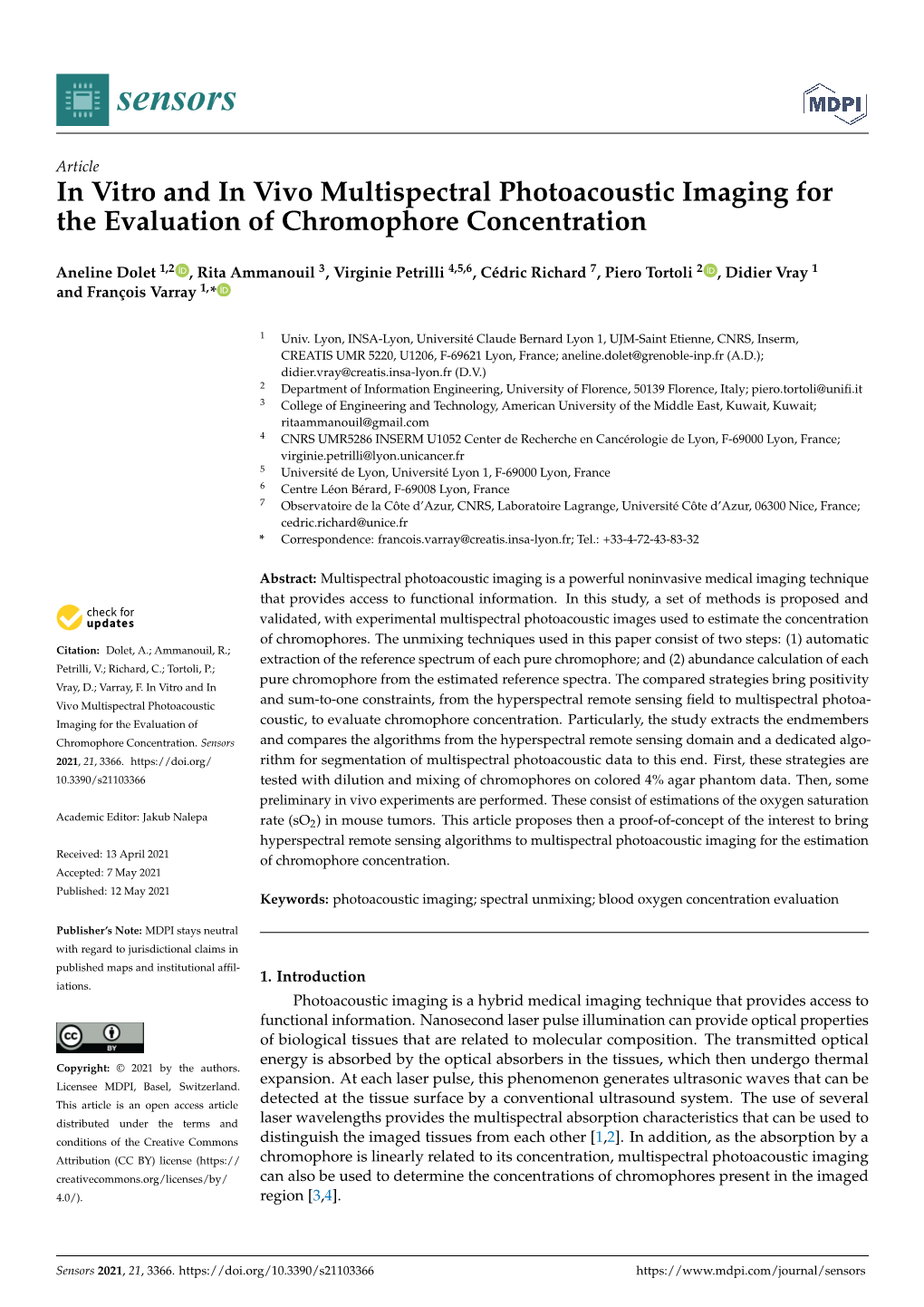 In Vitro and in Vivo Multispectral Photoacoustic Imaging for the Evaluation of Chromophore Concentration