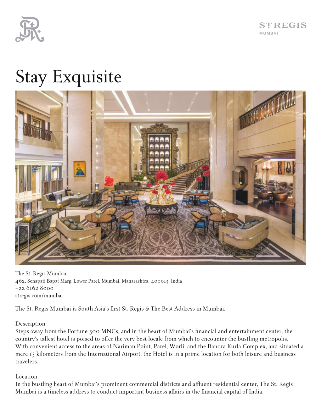 The St Regis Mumbai Fact Sheet