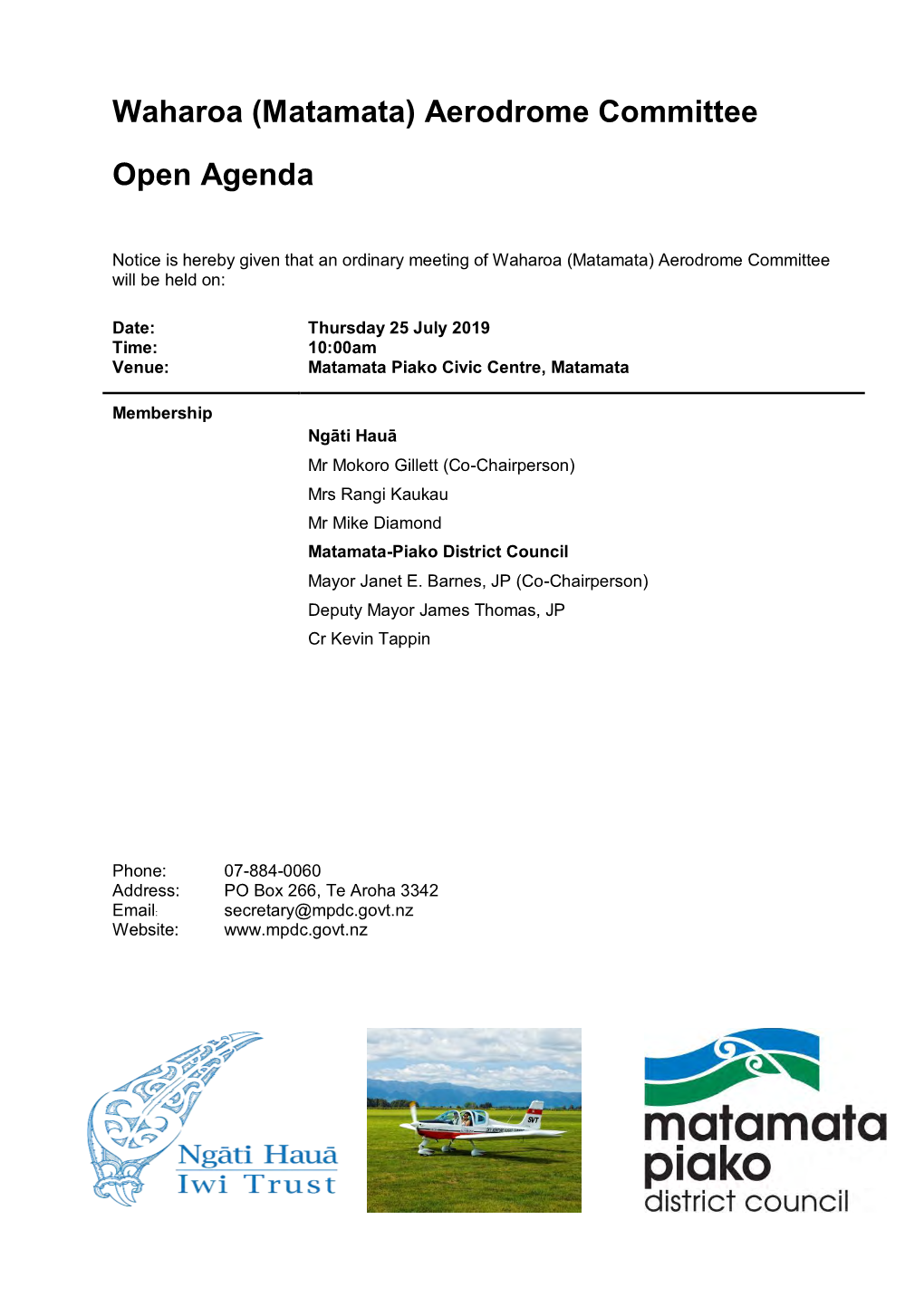 Agenda of Ordinary Meeting of Waharoa (Matamata) Aerodrome