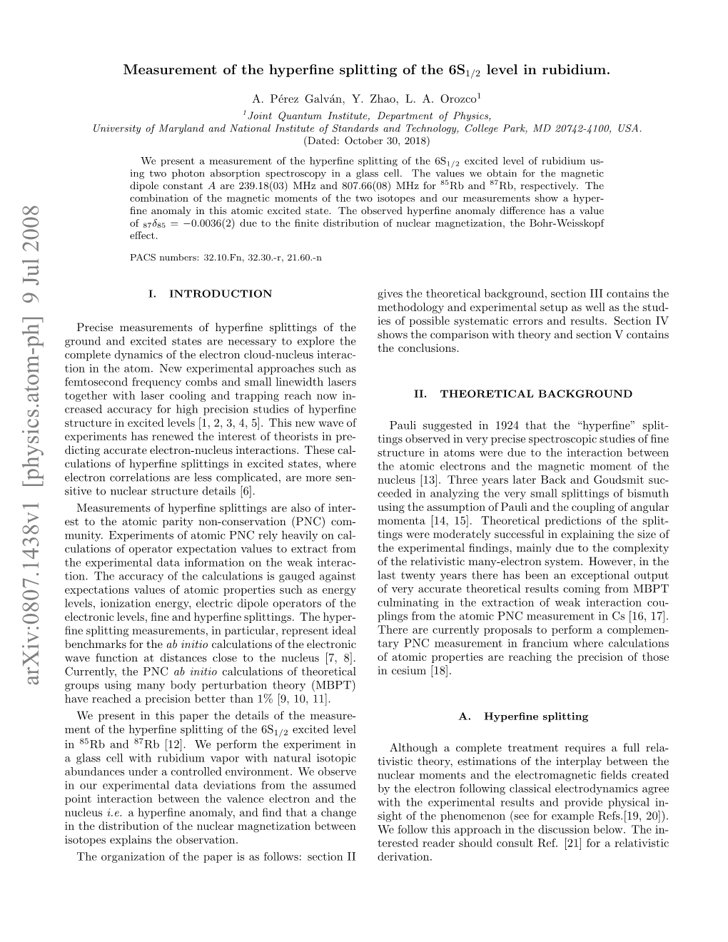 Measurement of the Hyperfine Splitting of the 6S $ {1/2} $ Level in Rubidium