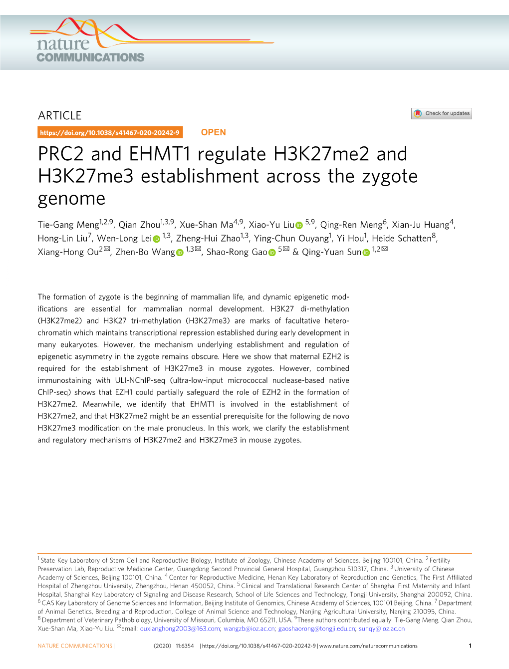 PRC2 and EHMT1 Regulate H3k27me2 and H3k27me3 Establishment Across the Zygote Genome