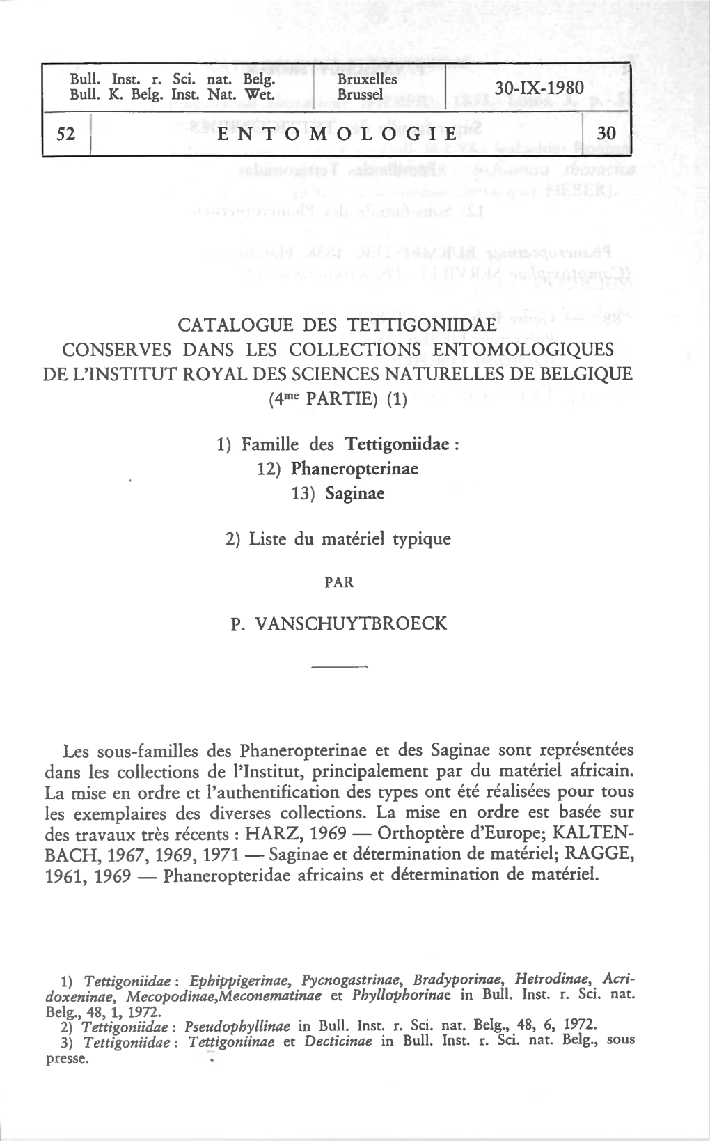 52 1 Entomologie 30-Ix-1980 Catalogue Des Tettigoniidae