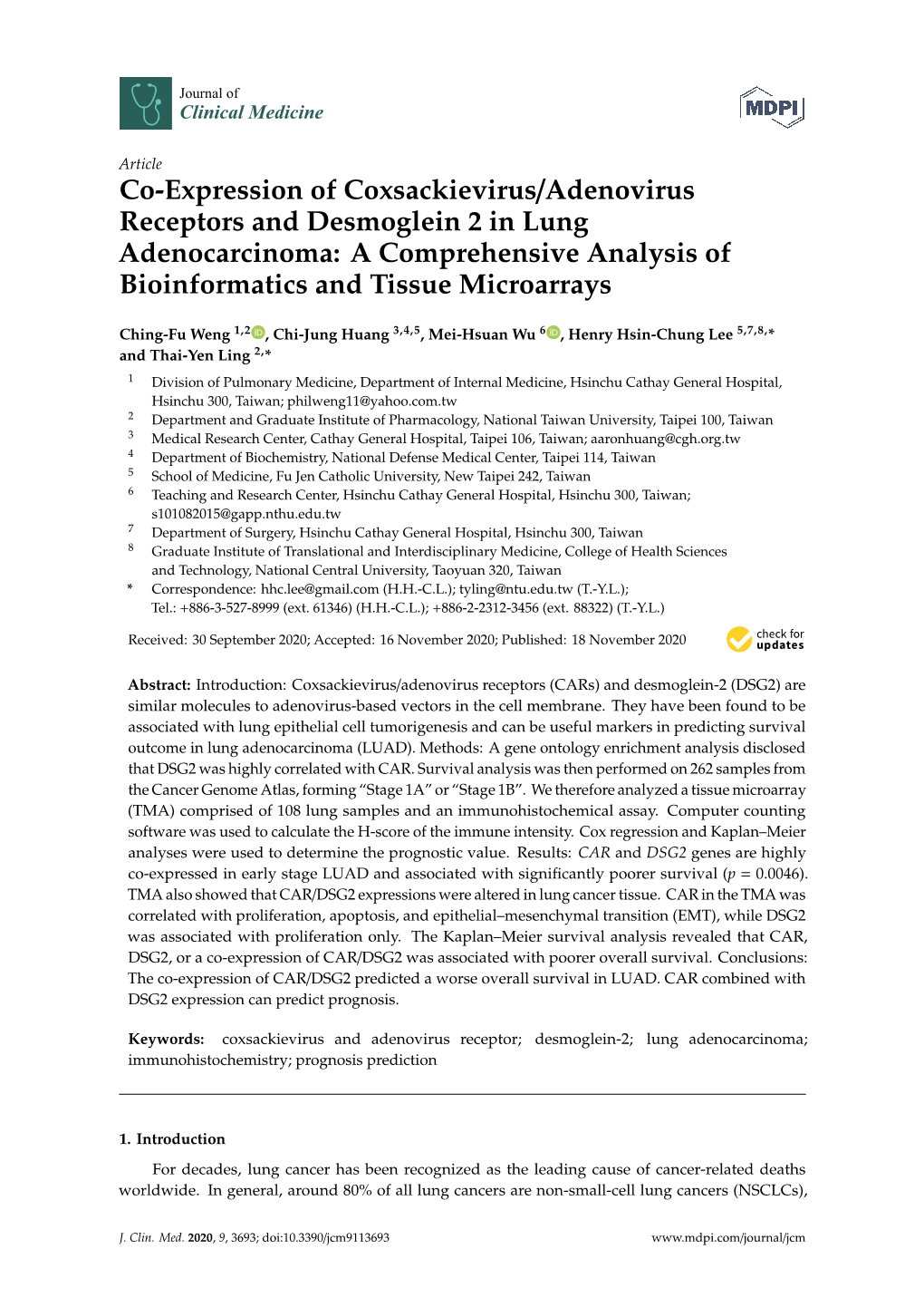 Co-Expression of Coxsackievirus/Adenovirus Receptors and Desmoglein 2 in Lung Adenocarcinoma: a Comprehensive Analysis of Bioinformatics and Tissue Microarrays
