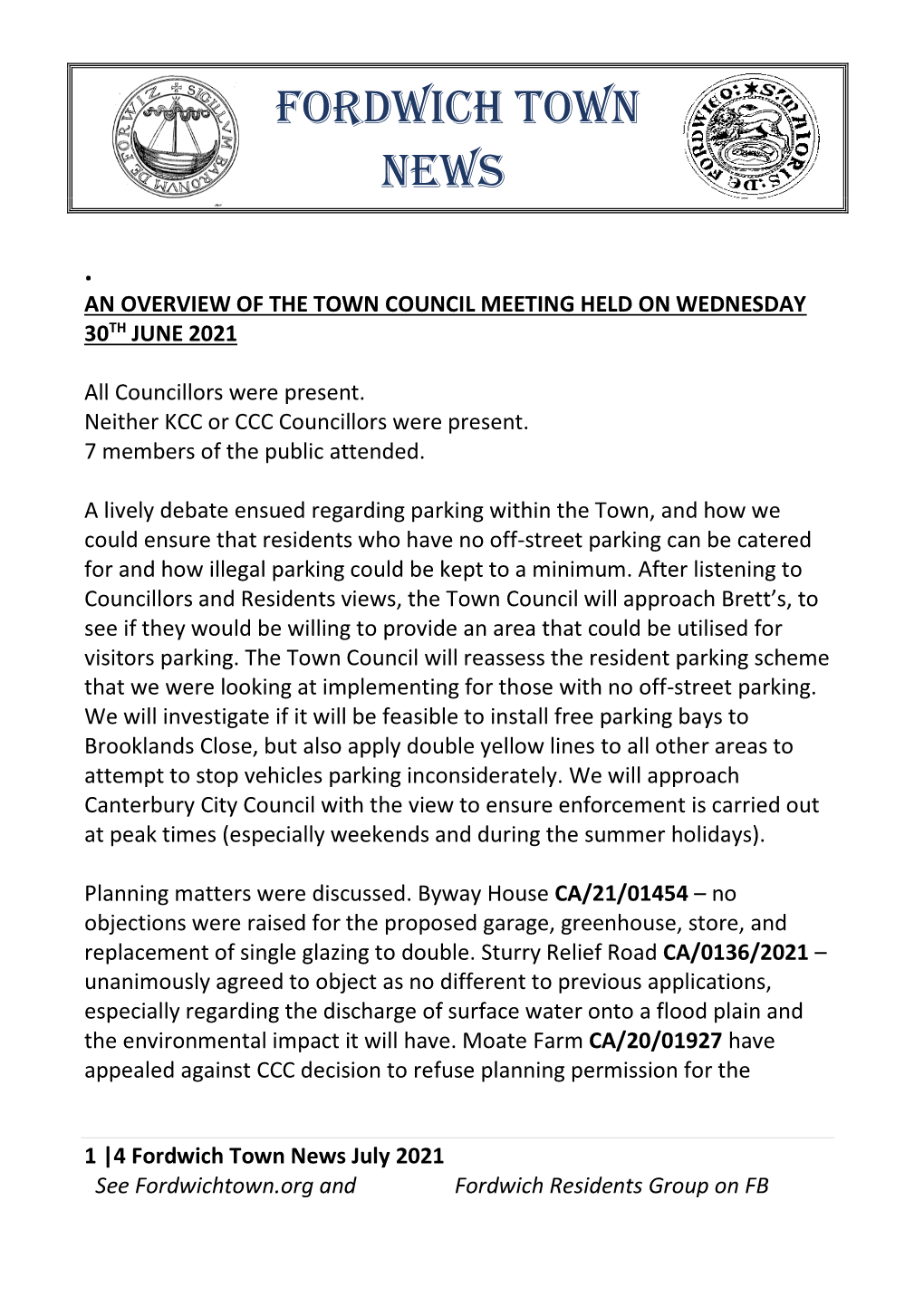 Fordwich Town News July 2021 See Fordwichtown.Org and Fordwich Residents Group on FB