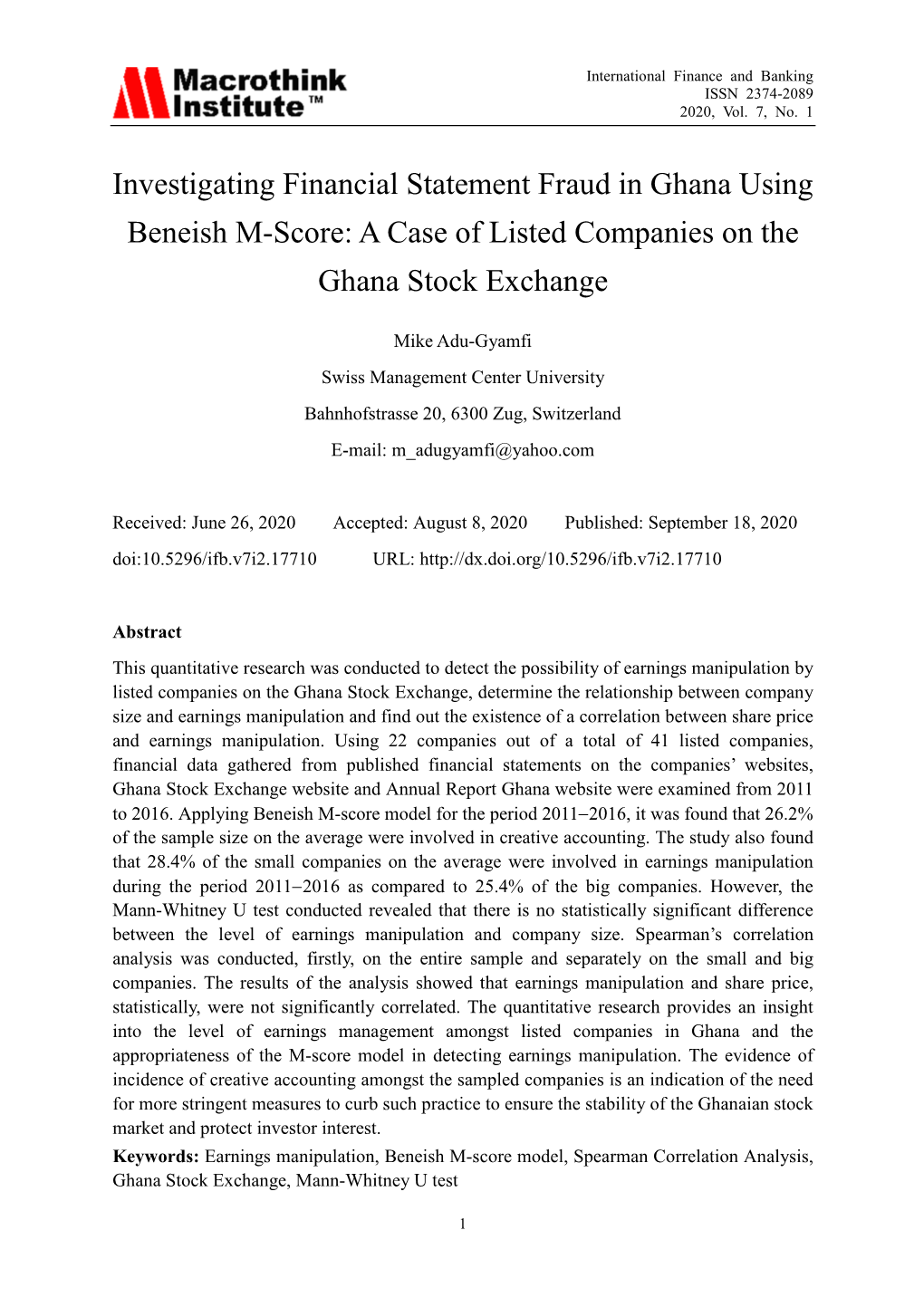 Investigating Financial Statement Fraud in Ghana Using Beneish M-Score: a Case of Listed Companies on the Ghana Stock Exchange