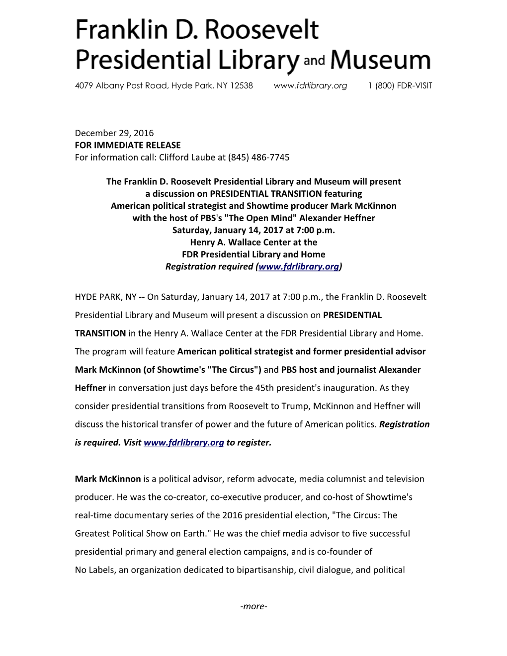 December 29, 2016 for IMMEDIATE RELEASE for Information Call: Clifford Laube at (845) 486-7745