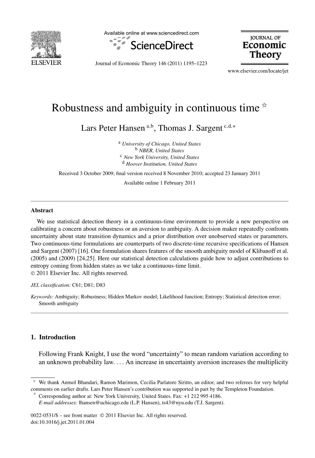 Robustness and Ambiguity in Continuous Time ✩