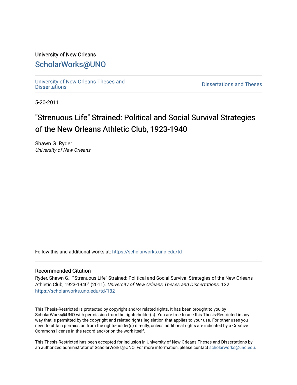 "Strenuous Life" Strained: Political and Social Survival Strategies of the New Orleans Athletic Club, 1923-1940