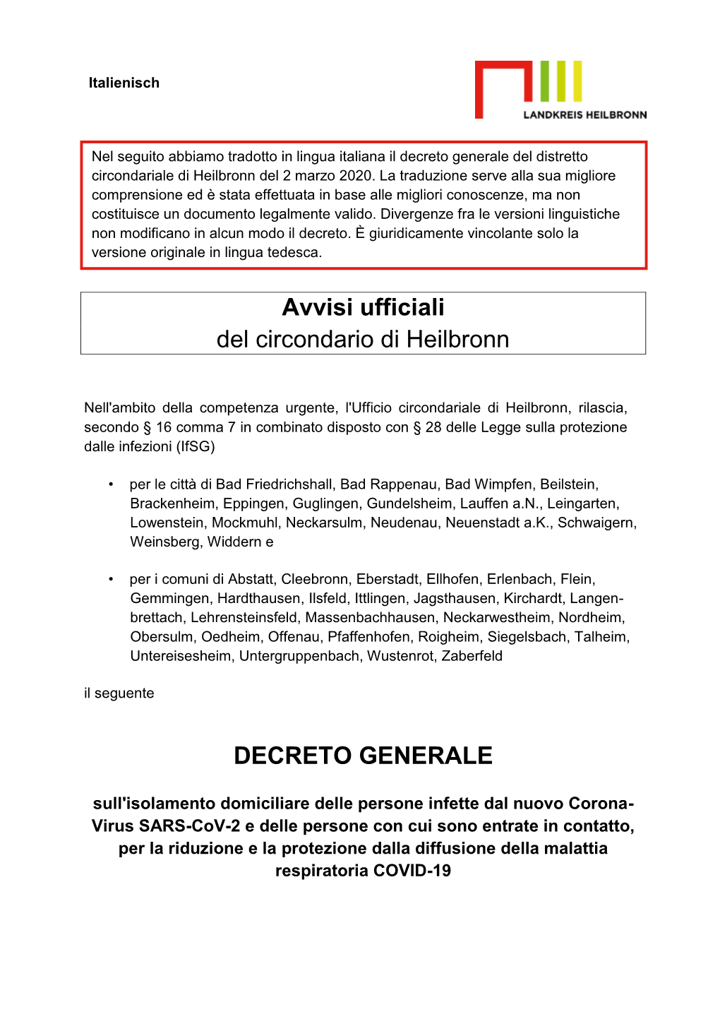 Avvisi Ufficiali Del Circondario Di Heilbronn DECRETO GENERALE