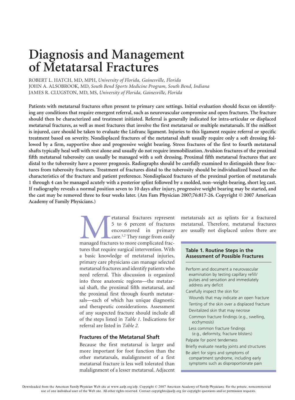 Diagnosis and Management of Metatarsal Fractures ROBERT L