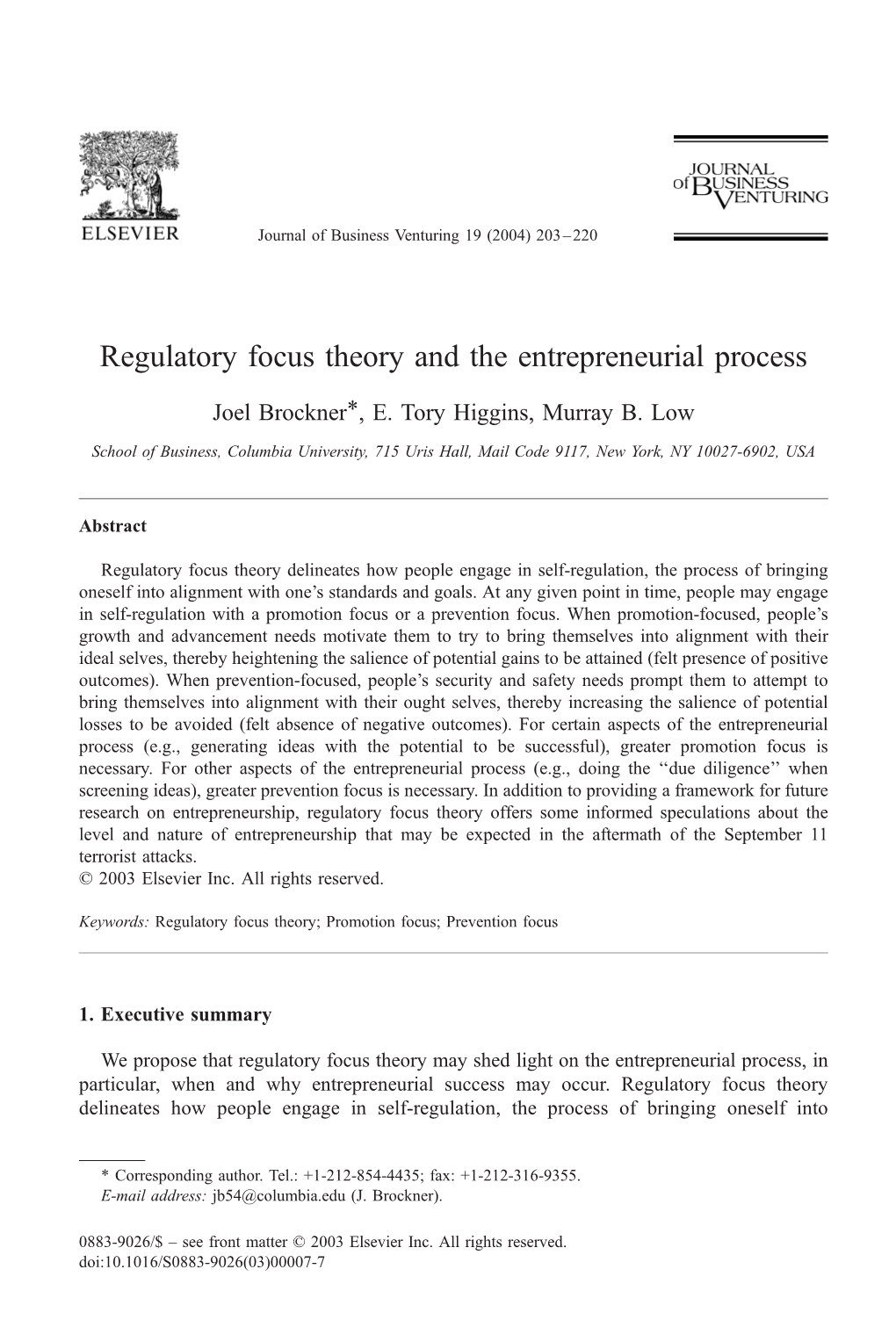 Regulatory Focus Theory and the Entrepreneurial Process