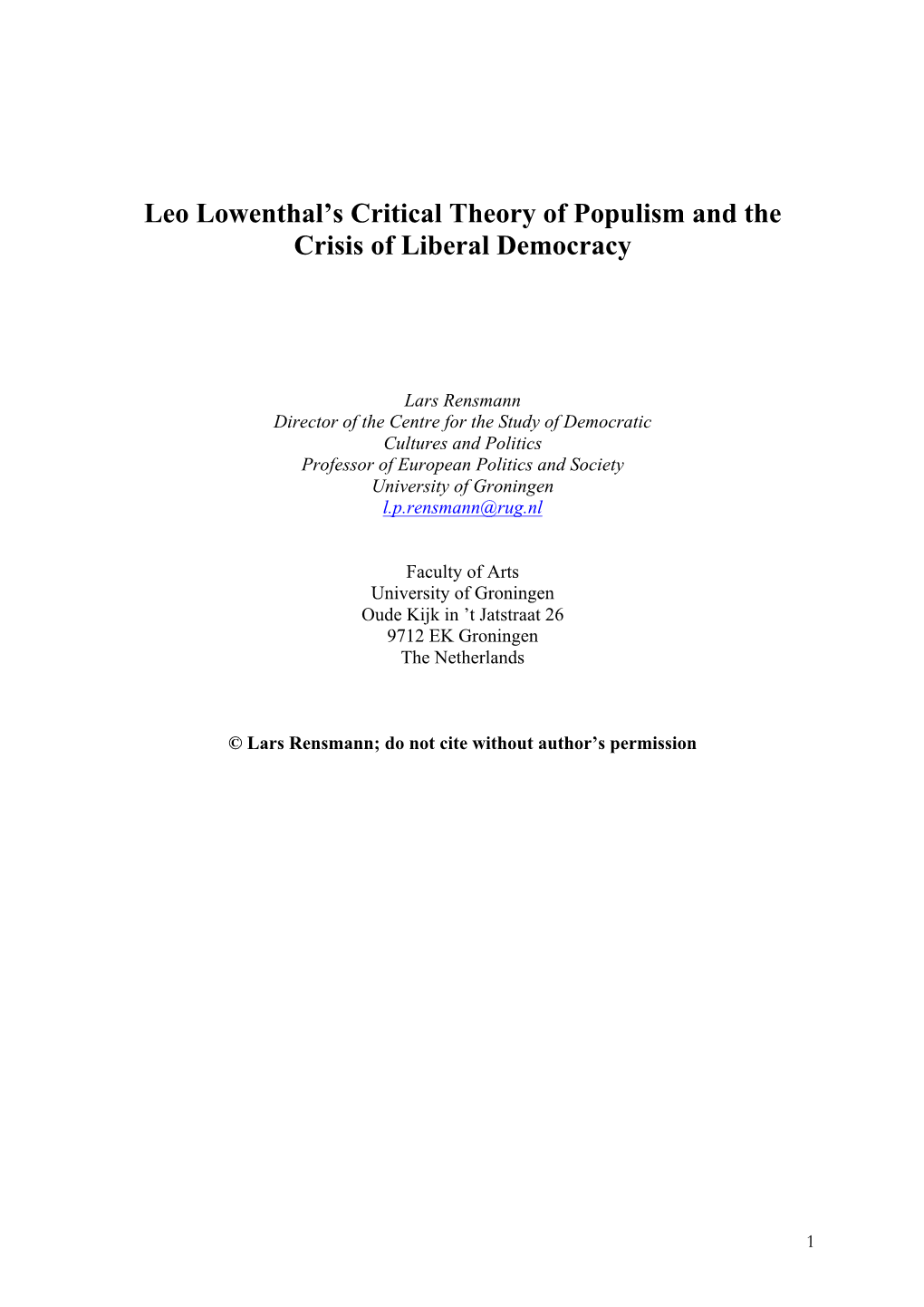 Leo Lowenthal's Critical Theory of Populism and the Crisis of Liberal