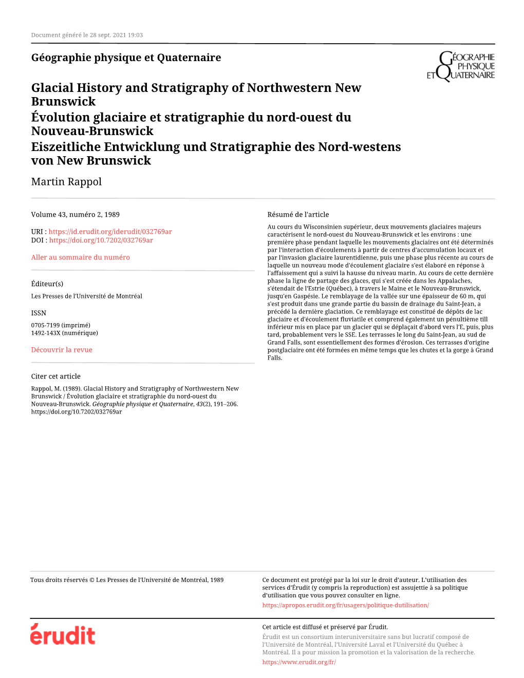 Glacial History and Stratigraphy of Northwestern New Brunswick