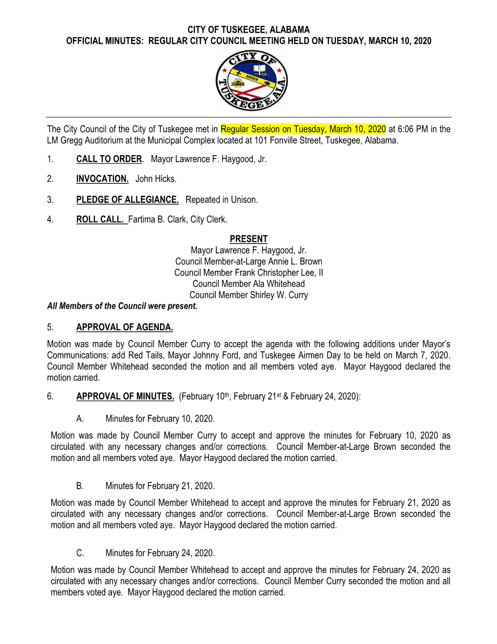 City of Tuskegee, Alabama Official Minutes: Regular City Council Meeting Held on Tuesday, March 10, 2020