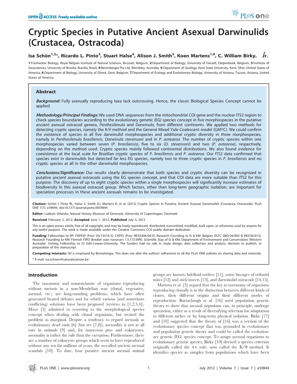 Cryptic Species in Putative Ancient Asexual Darwinulids (Crustacea, Ostracoda)