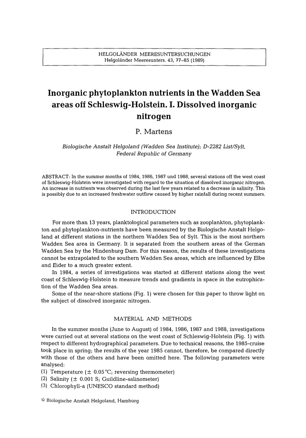 Inorganic Phytoplankton Nutrients in the Wadden Sea Areas Off Schleswig-Holstein. I. Dissolved Inorganic Nitrogen P