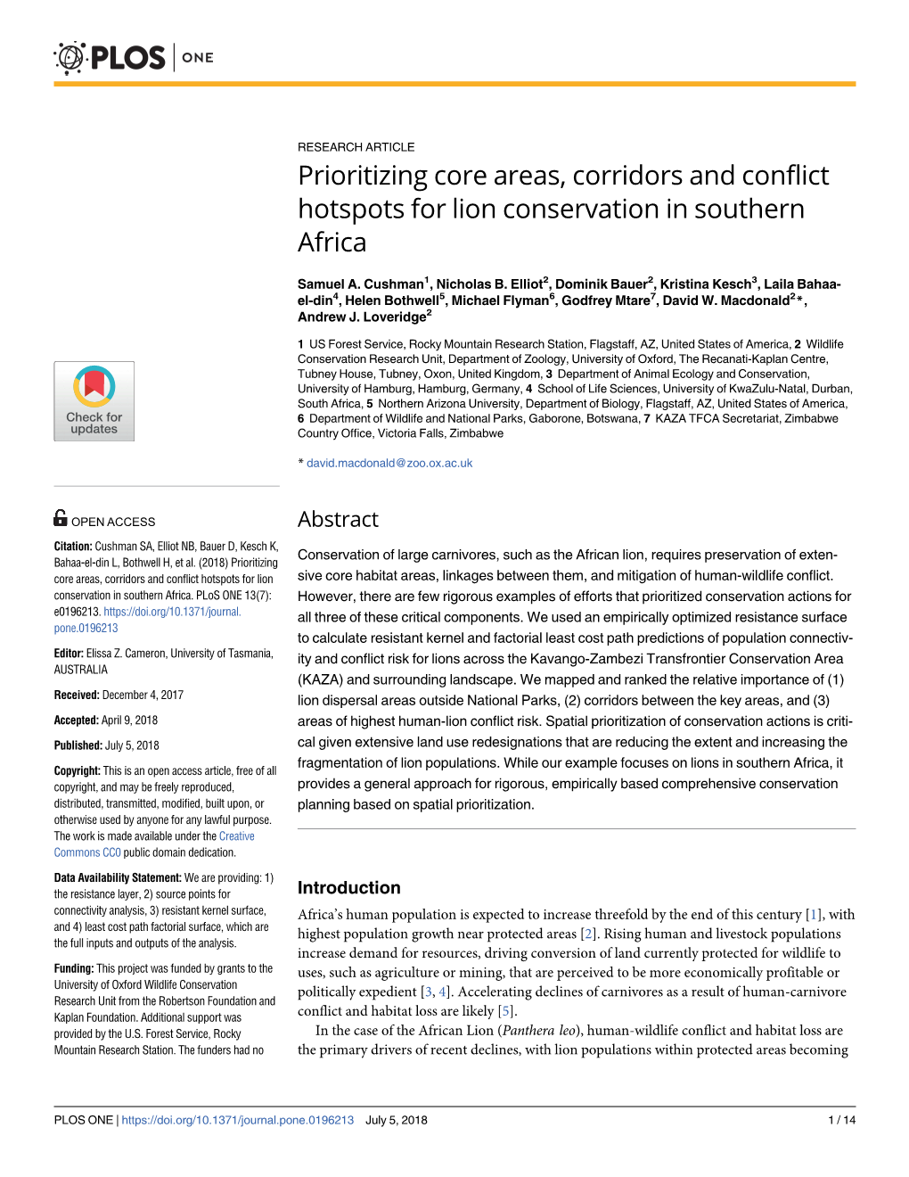 Prioritizing Core Areas, Corridors and Conflict Hotspots for Lion Conservation in Southern Africa