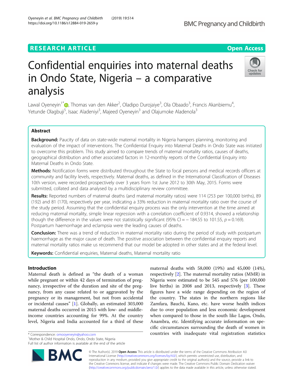 Confidential Enquiries Into Maternal Deaths in Ondo State, Nigeria – a Comparative Analysis
