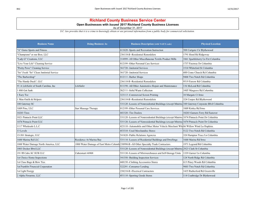 Richland County Business Service Center Open Businesses with Issued 2017 Richland County Business Licenses As of December 31, 2017 S.C