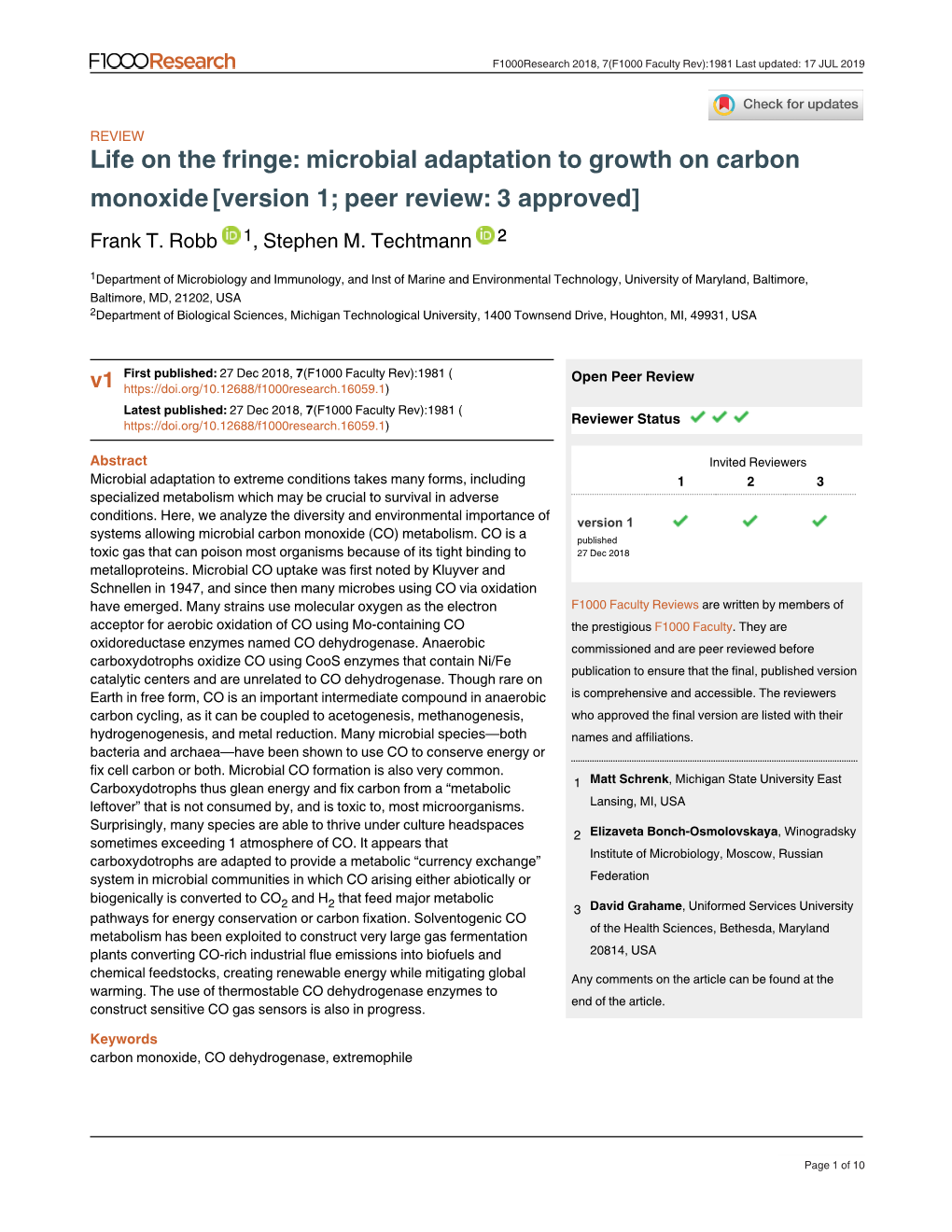 Microbial Adaptation to Growth on Carbon Monoxide [Version 1; Peer Review: 3 Approved] Frank T