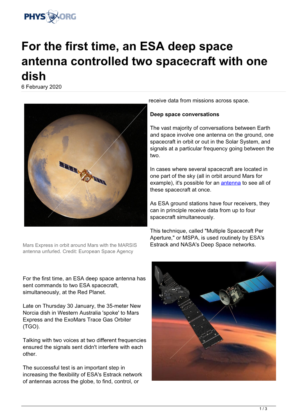 For the First Time, an ESA Deep Space Antenna Controlled Two Spacecraft with One Dish 6 February 2020