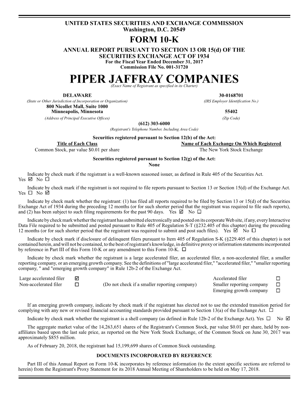 PIPER JAFFRAY COMPANIES (Exact Name of Registrant As Specified in Its Charter)