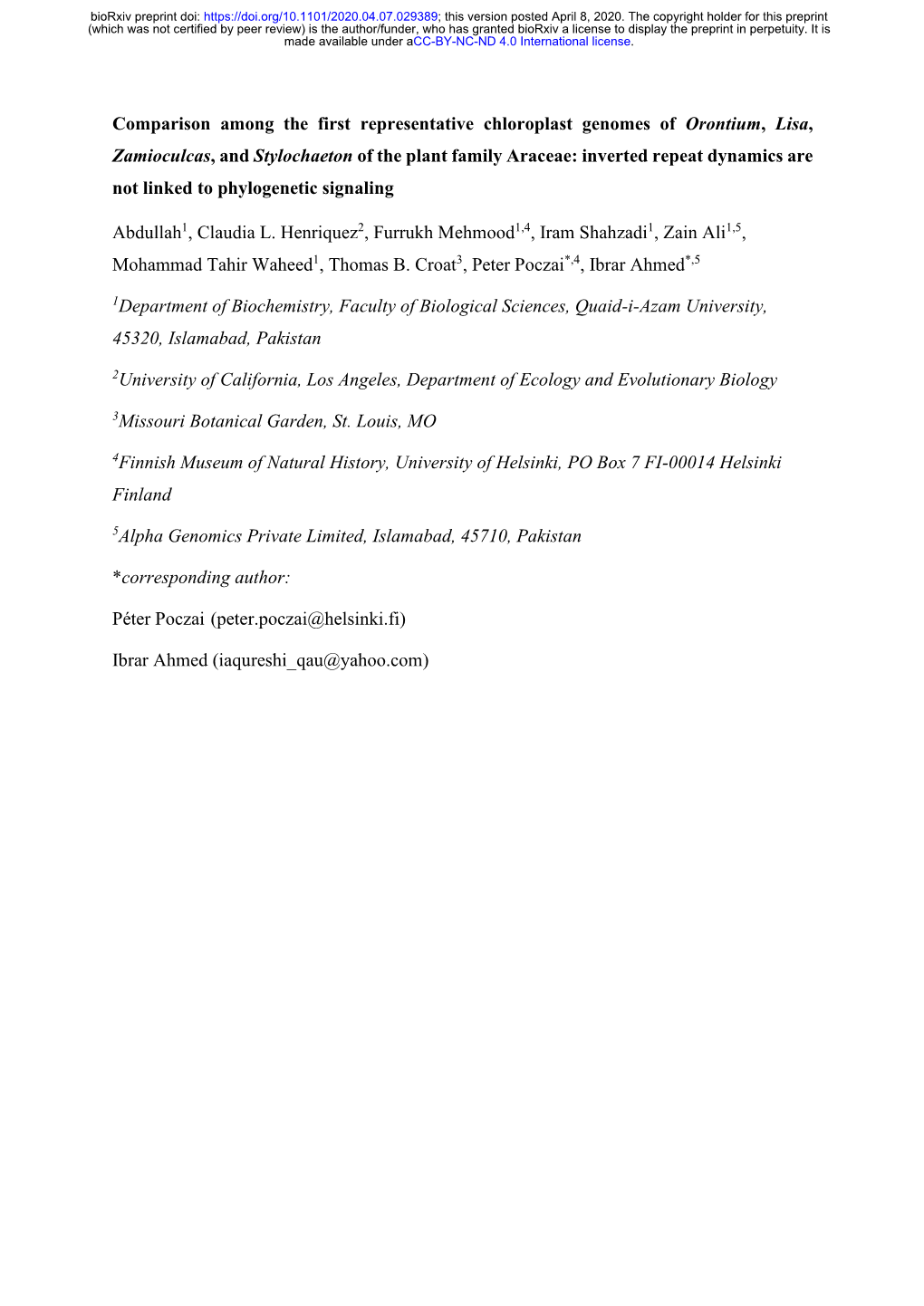 Comparison Among the First Representative Chloroplast Genomes