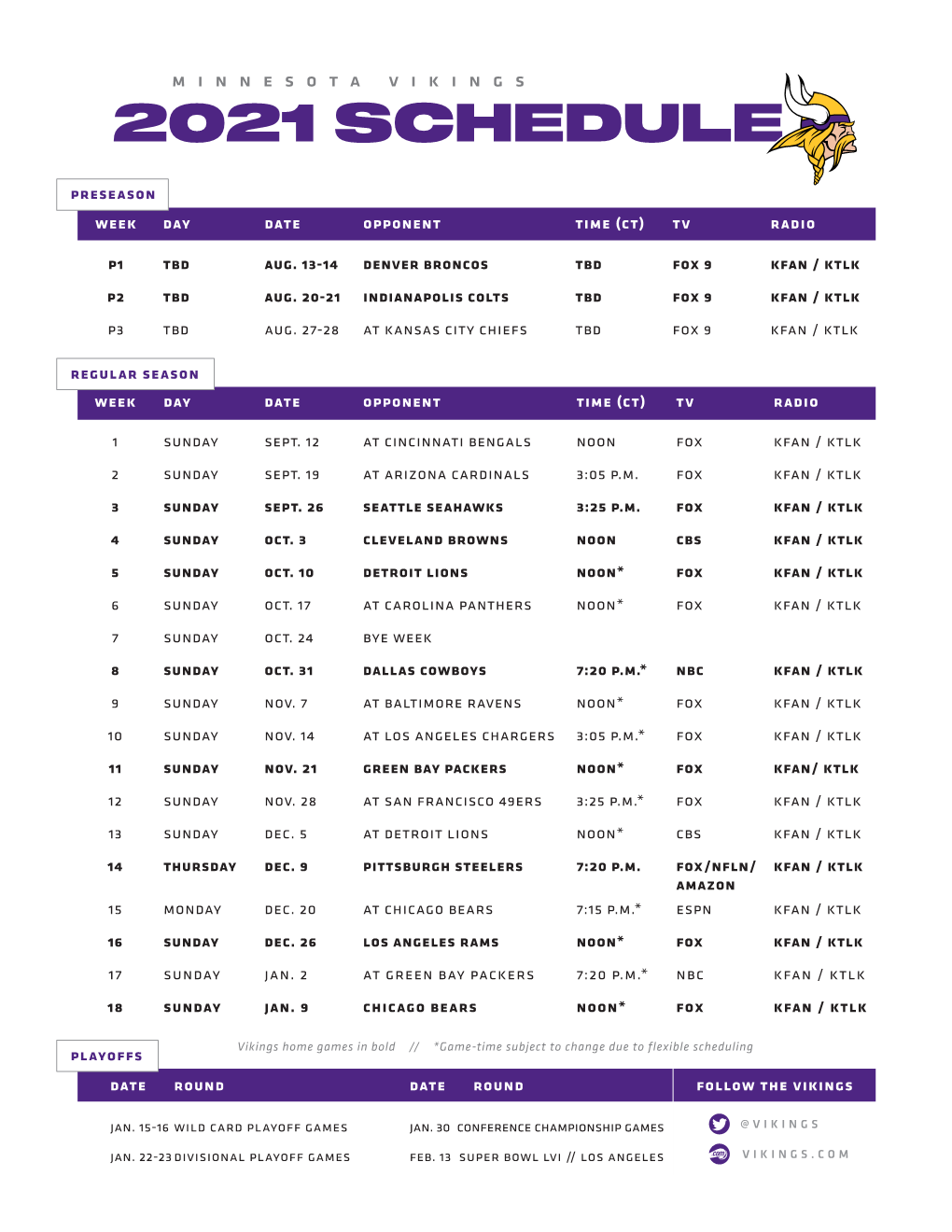 2021 Minnesota Vikings Schedule