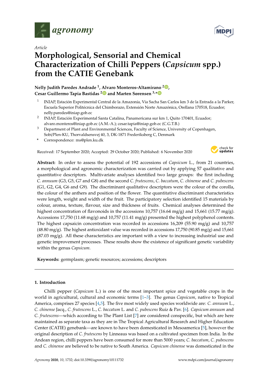 Capsicum Spp.) from the CATIE Genebank