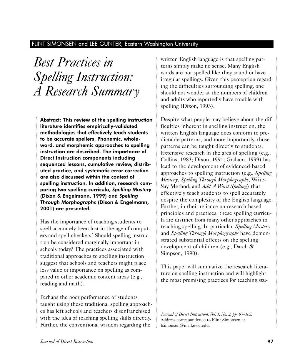 Best Practices in Spelling Instruction: a Research Summary