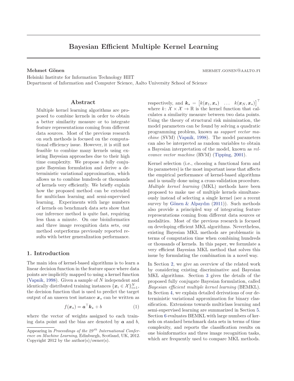 Bayesian Efficient Multiple Kernel Learning