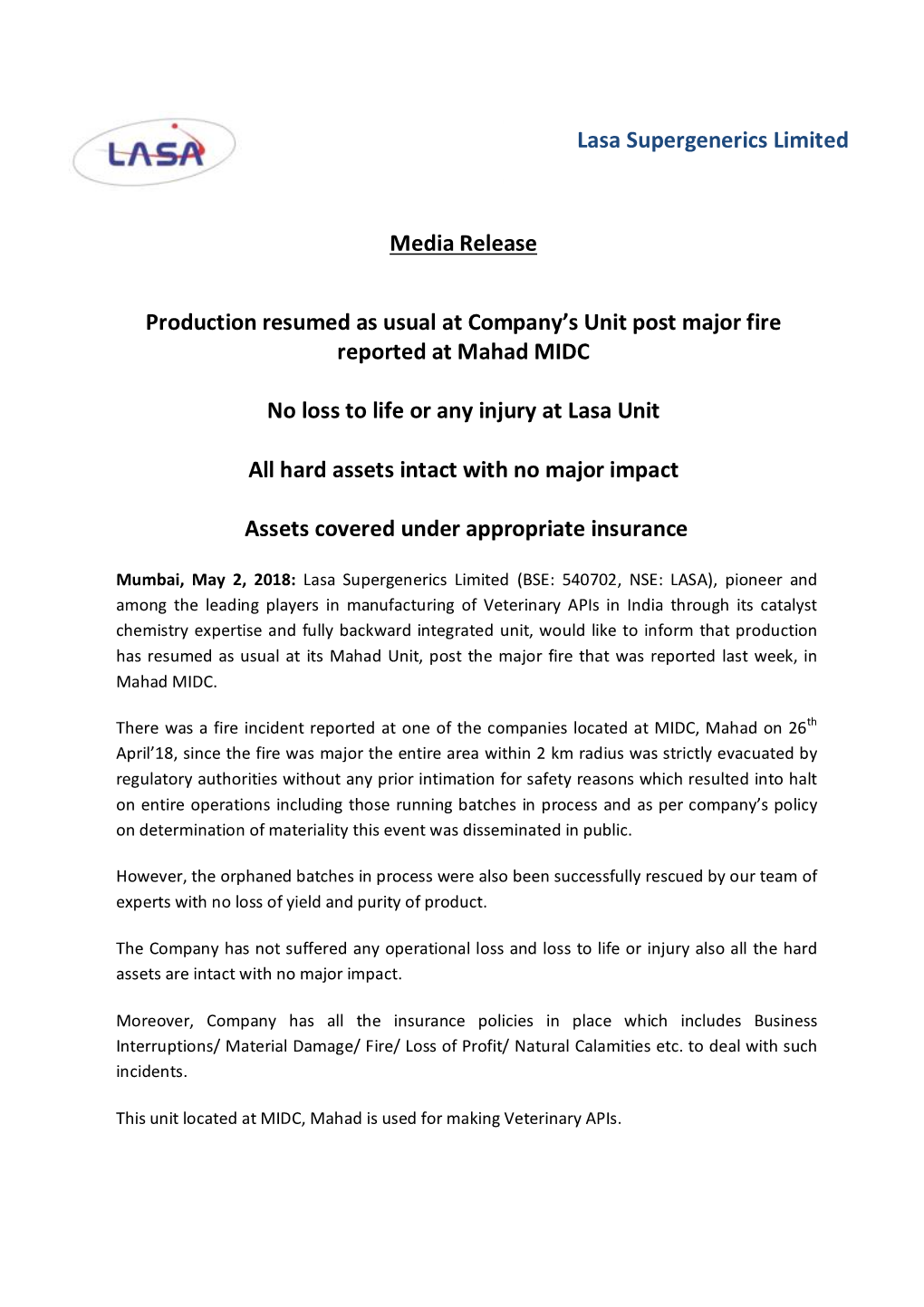Lasa Supergenerics Limited Media Release Production Resumed As Usual at Company's Unit Post Major Fire Reported at Mahad MIDC