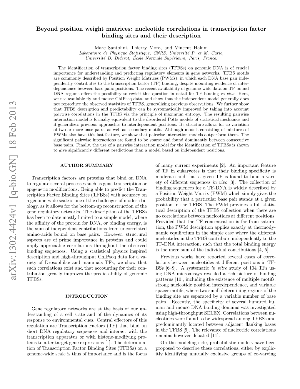 Beyond Position Weight Matrices: Nucleotide Correlations in Transcription Factor Binding Sites and Their Description