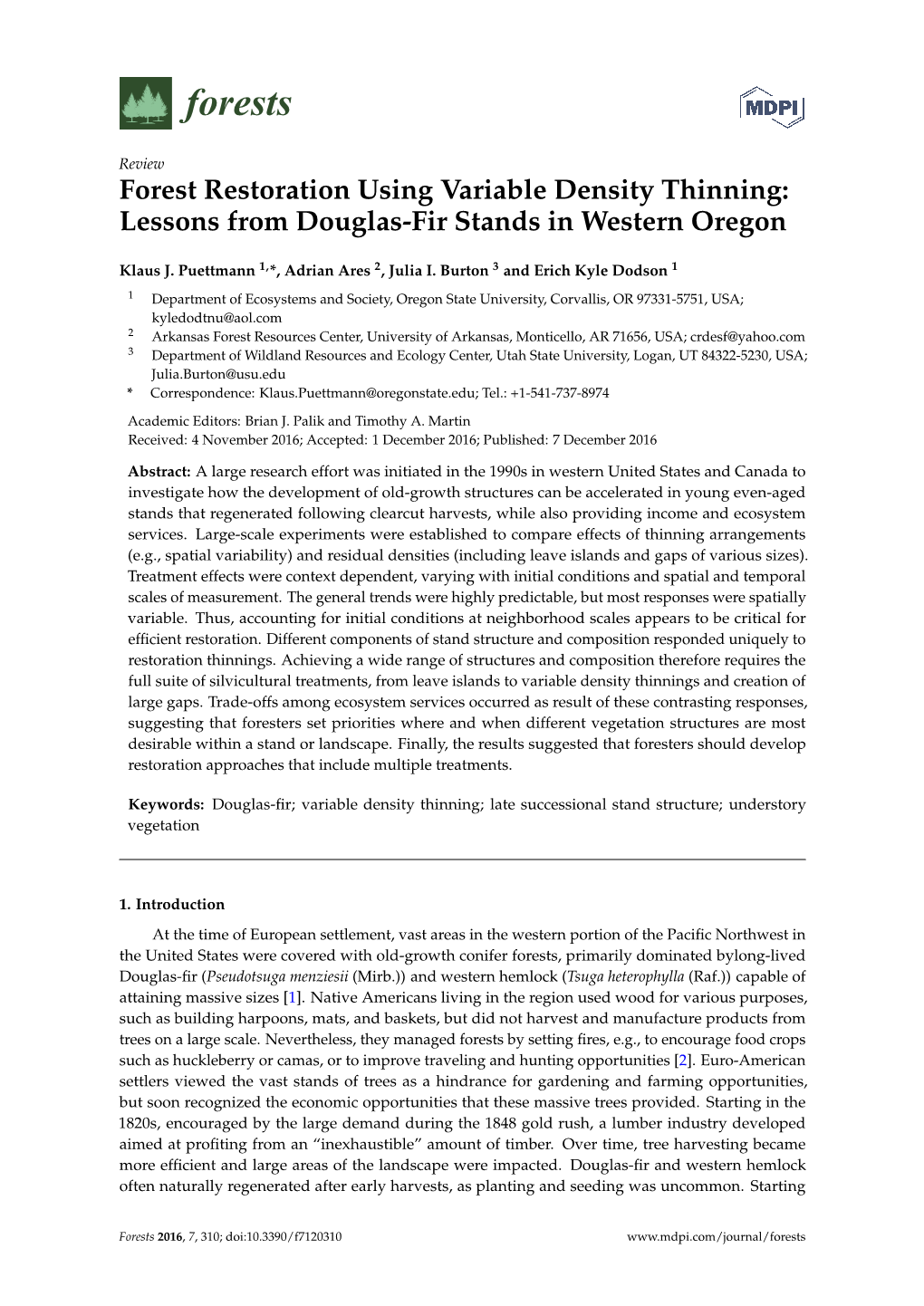 Forest Restoration Using Variable Density Thinning: Lessons from Douglas-Fir Stands in Western Oregon