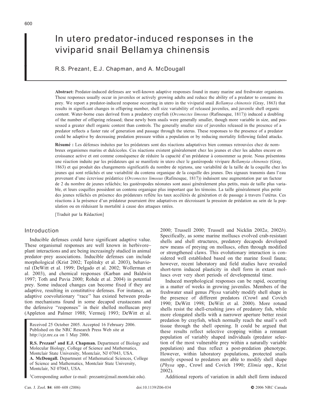 In Utero Predator-Induced Responses in the Viviparid Snail Bellamya Chinensis