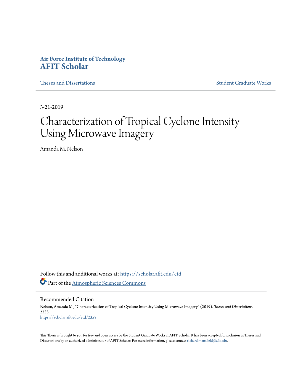 Characterization of Tropical Cyclone Intensity Using Microwave Imagery Amanda M