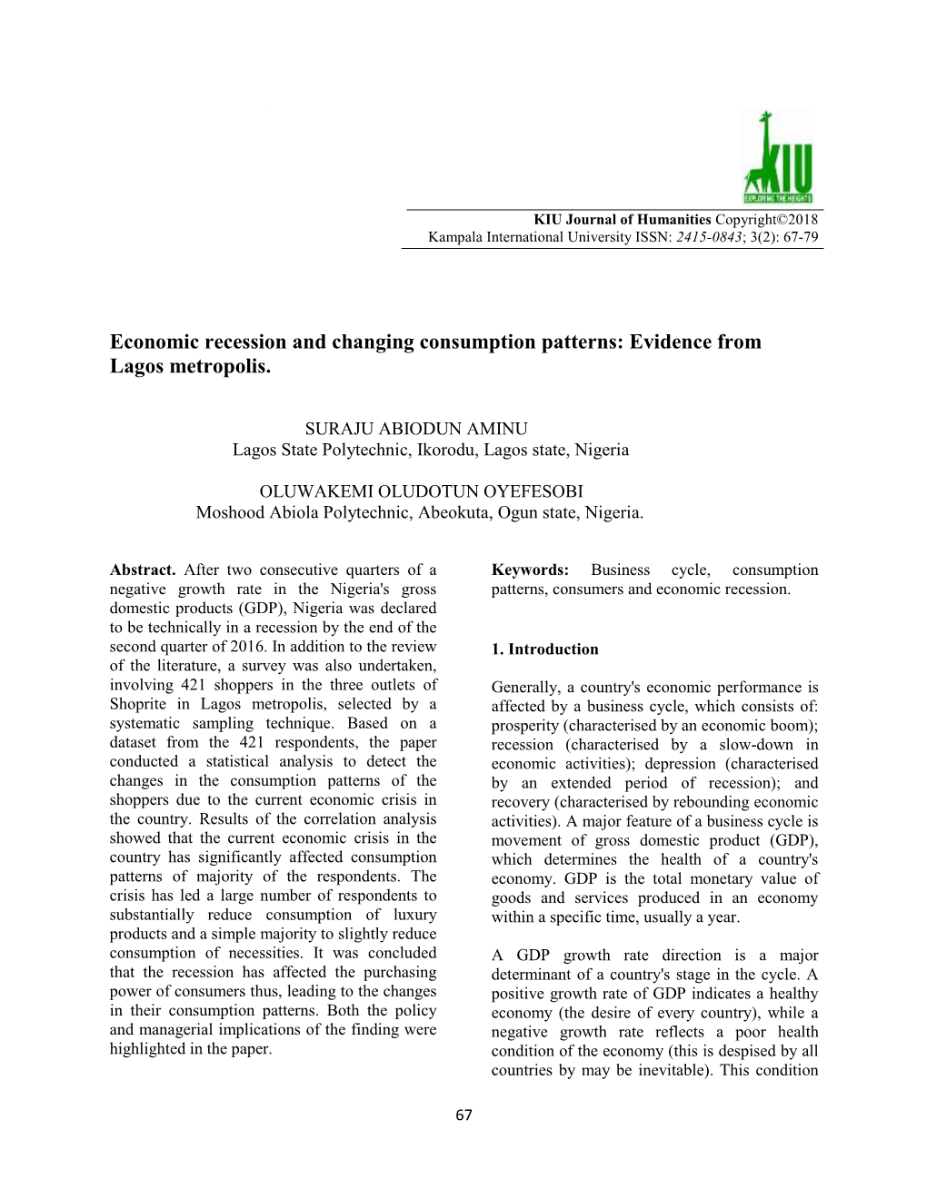 Economic Recession and Changing Consumption Patterns: Evidence from Lagos Metropolis
