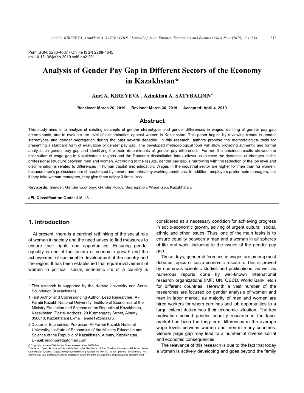 Analysis of Gender Pay Gap in Different Sectors of the Economy in Kazakhstan*