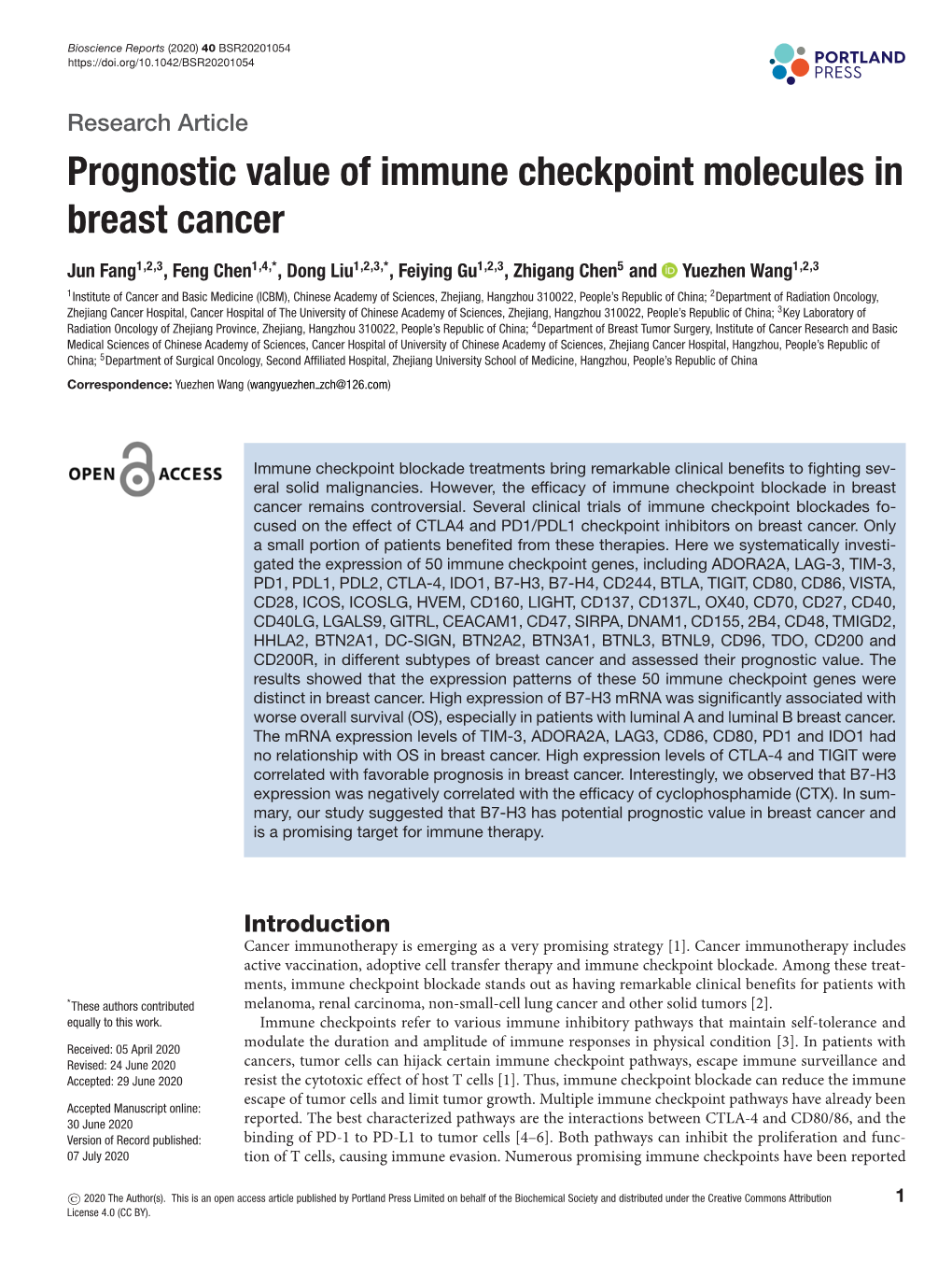 Prognostic Value of Immune Checkpoint Molecules in Breast Cancer