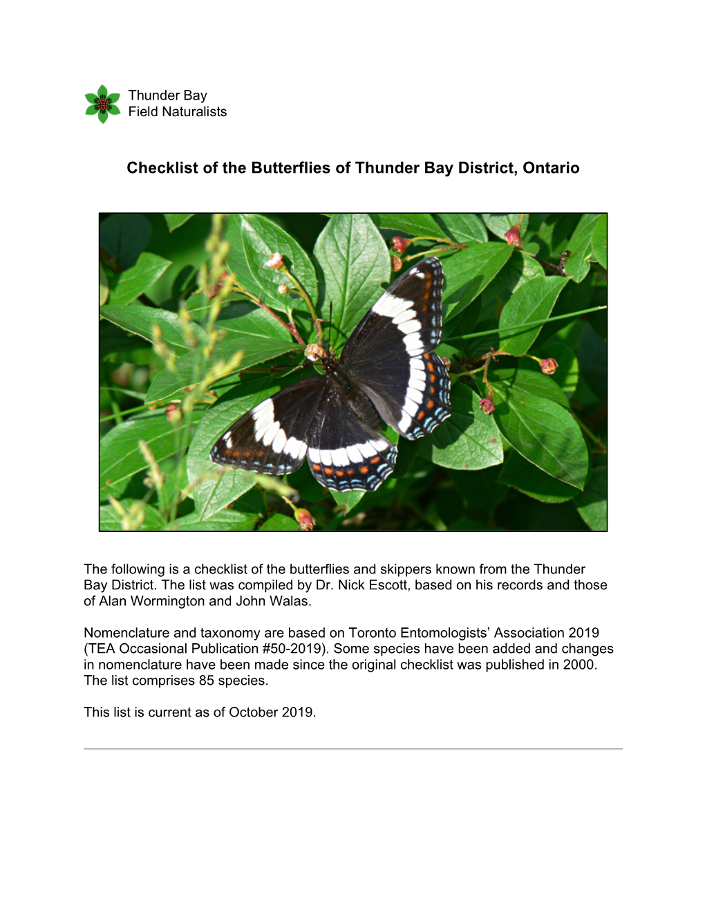 Checklist of the Butterflies of Thunder Bay District, Ontario