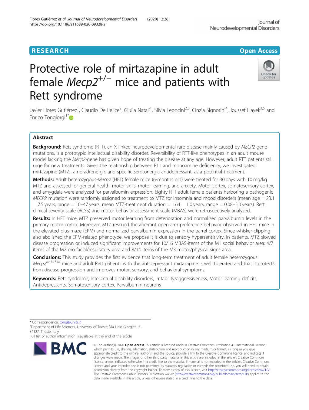 Protective Role of Mirtazapine in Adult Female Mecp2+/- Mice and Patients with Rett Syndrome