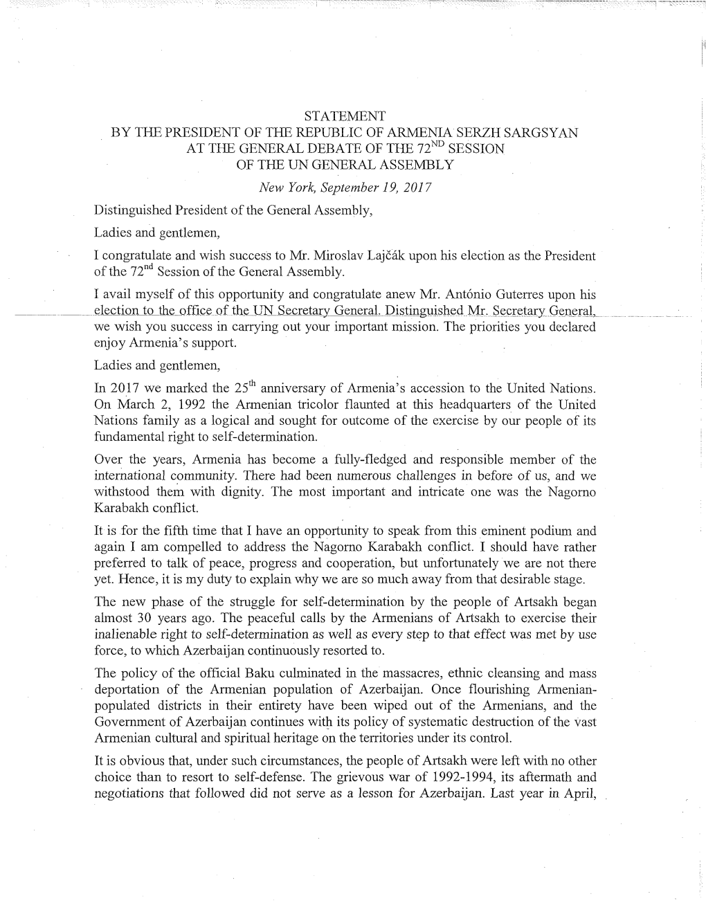 Statement by the President of the Republic of Armenia