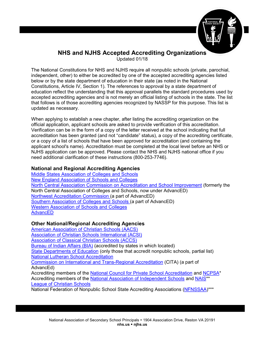 NHS and NJHS Accepted Accrediting Organizations Updated 01/18