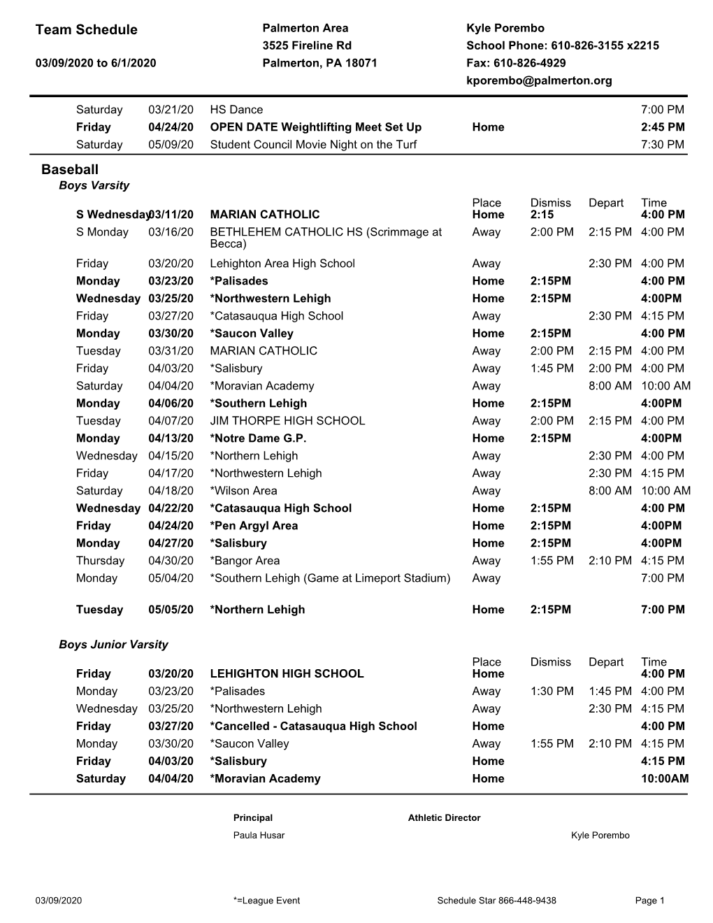 Team Schedule Baseball