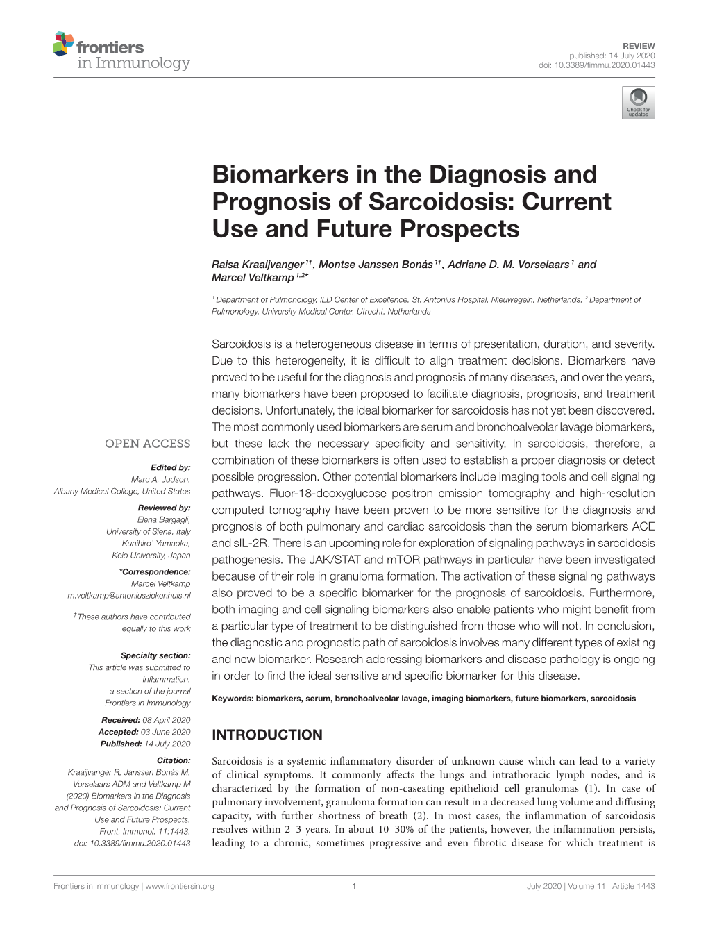Biomarkers in the Diagnosis and Prognosis of Sarcoidosis: Current Use and Future Prospects
