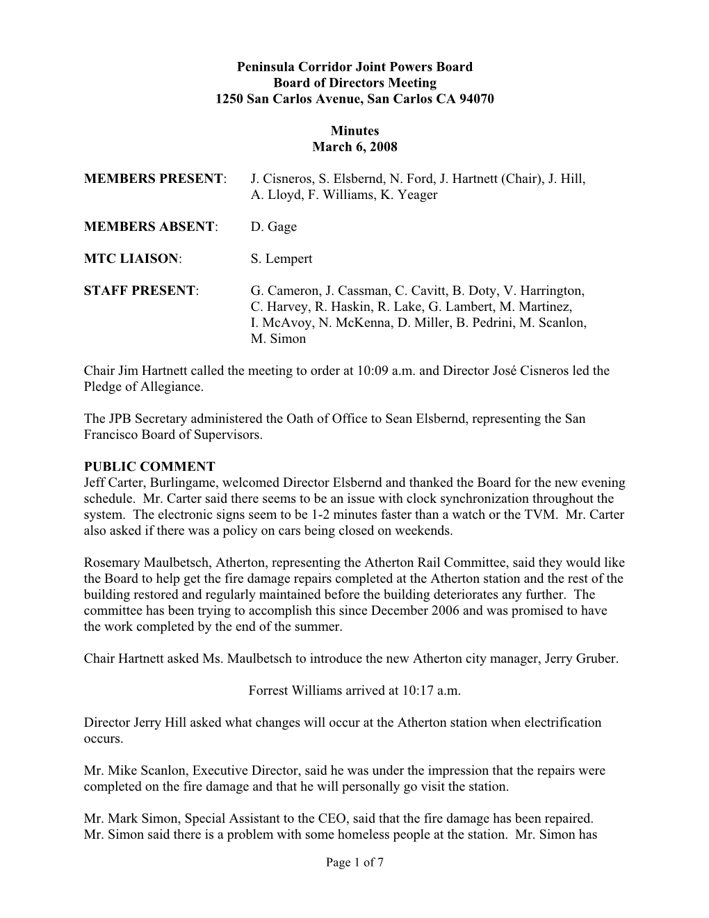 Peninsula Corridor Joint Powers Board Board of Directors Meeting 1250 San Carlos Avenue, San Carlos CA 94070