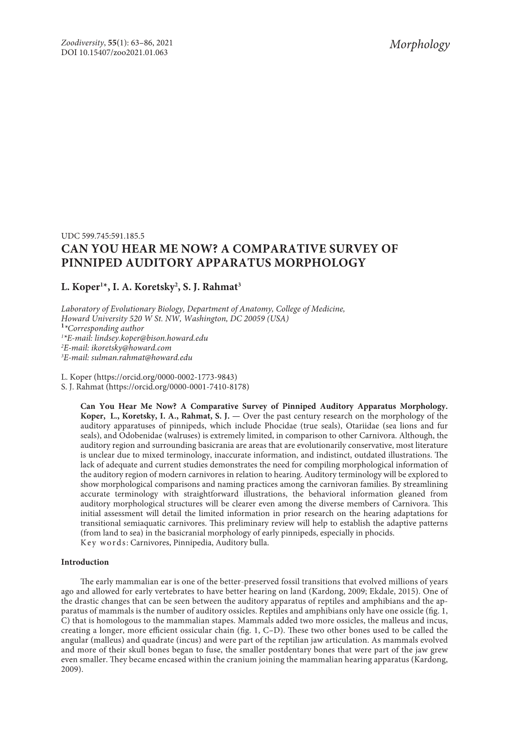 Can You Hear Me Now? a Comparative Survey of Pinniped Auditory Apparatus Morphology