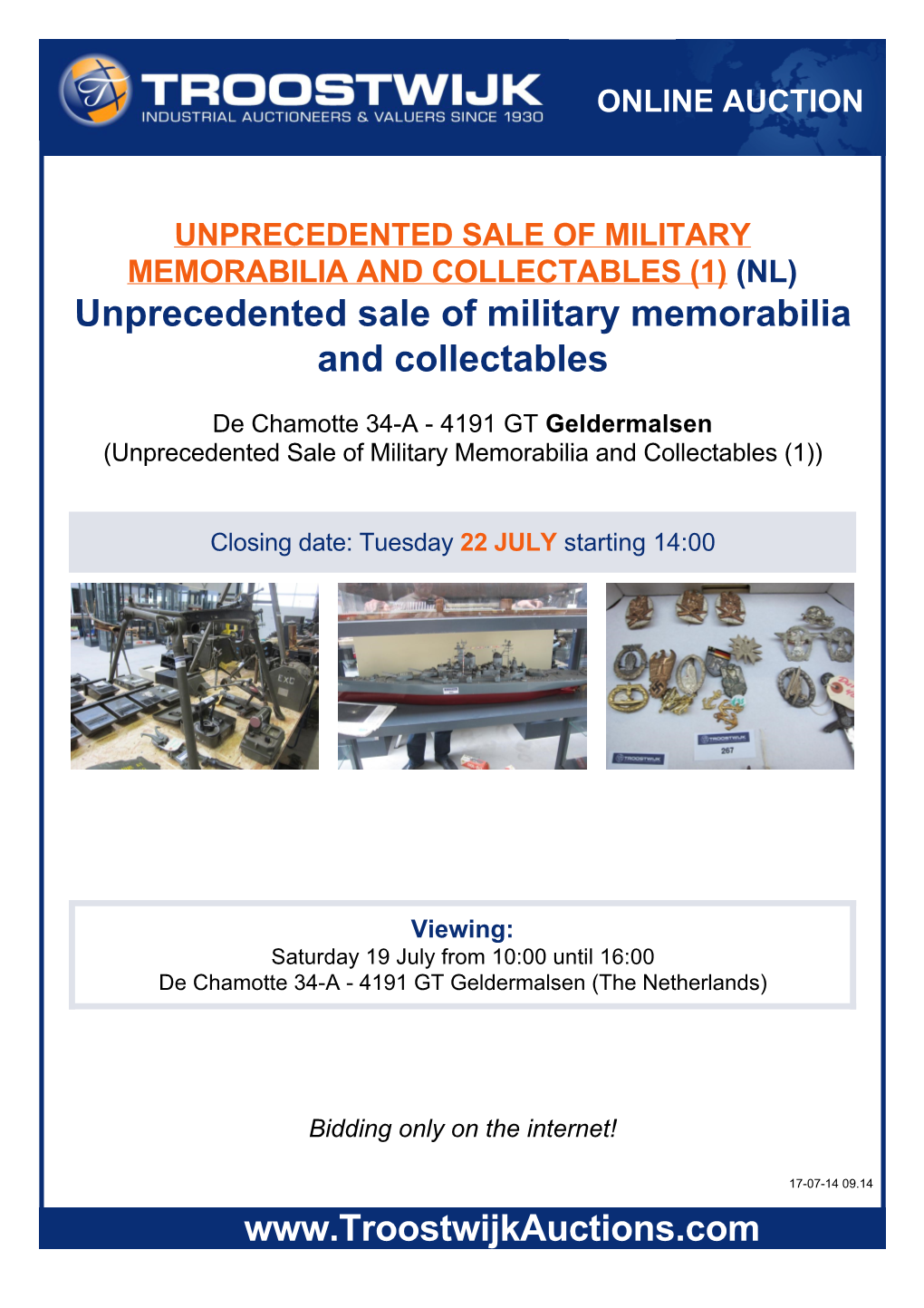 UNPRECEDENTED SALE of MILITARY MEMORABILIA and COLLECTABLES (1) (NL) Unprecedented Sale of Military Memorabilia and Collectables